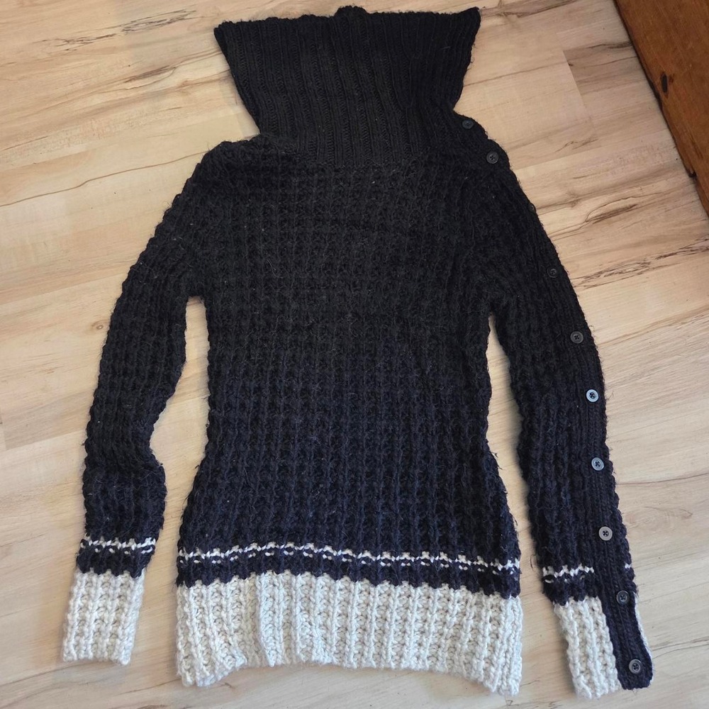 Loft Vintage Large Button Cowl Striped Turtleneck Wool Alpaca Sweater Navy Small